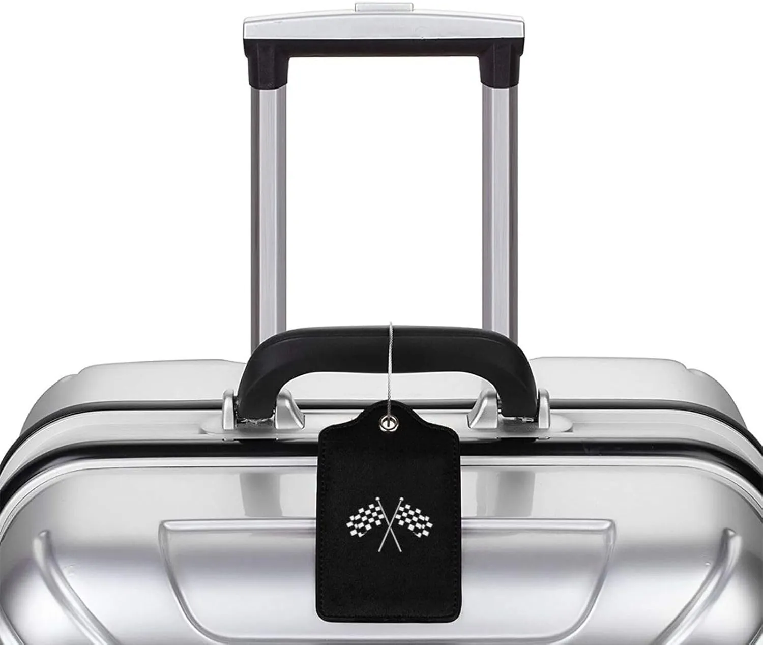 Checkered Flags Leather Baggage Bag Luggage Tags with Stainless Steel Loop and Privacy Cover, 2 PCS, Black