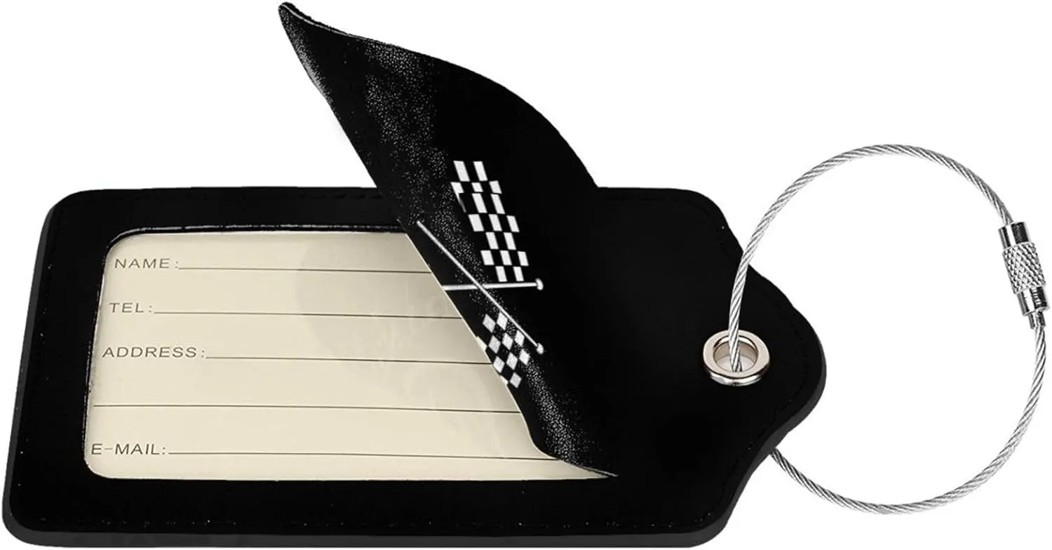 Checkered Flags Leather Baggage Bag Luggage Tags with Stainless Steel Loop and Privacy Cover, 2 PCS, Black