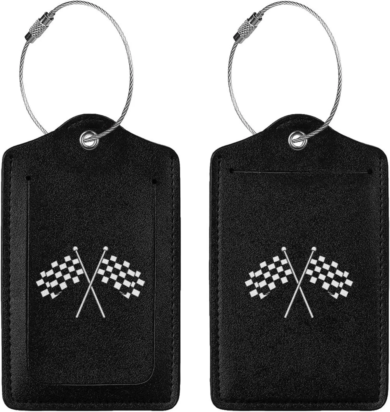 Checkered Flags Leather Baggage Bag Luggage Tags with Stainless Steel Loop and Privacy Cover, 2 PCS, Black