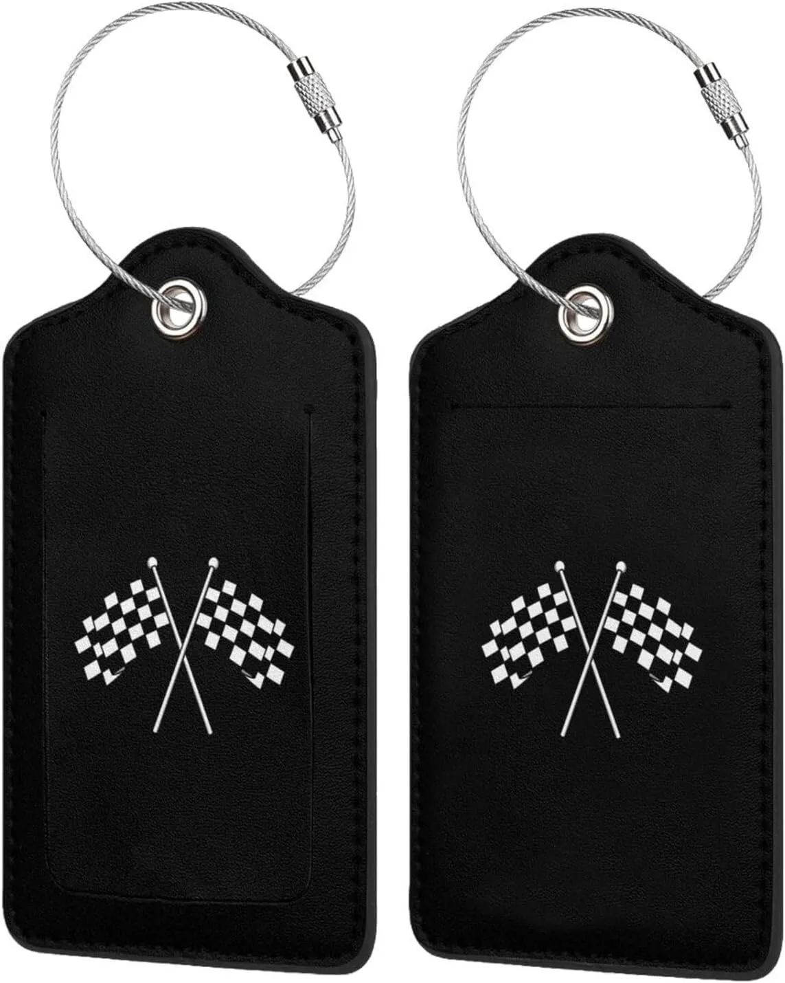 Checkered Flags Leather Baggage Bag Luggage Tags with Stainless Steel Loop and Privacy Cover, 2 PCS, Black
