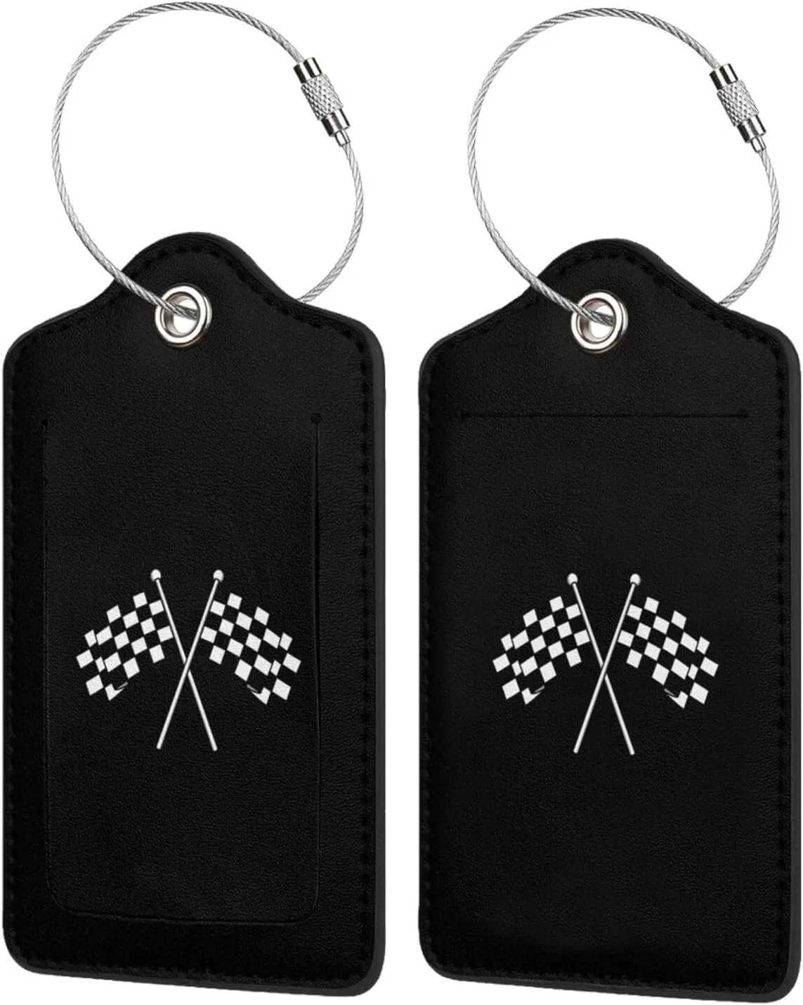 Checkered Flags Leather Baggage Bag Luggage Tags with Stainless Steel Loop and Privacy Cover, 2 PCS, Black