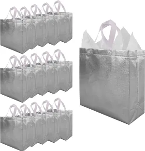 CHENGBAI TOTE Silver Reusable Gift Bags 15 Pcs, 12.2x4.72x11 in Glossy Gift Bag Bulk, Metallic Shimmer Design Gift Wrap Bags for Birthday, Weddings, Mother's Day, Christmas