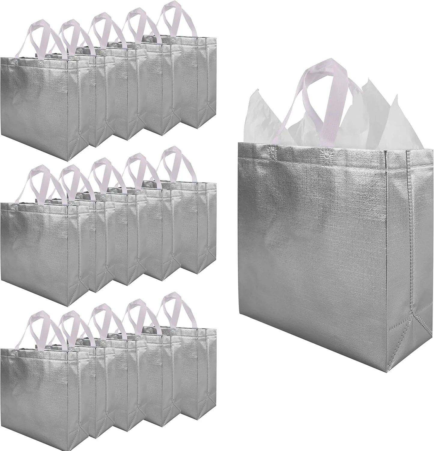 CHENGBAI TOTE Silver Reusable Gift Bags 15 Pcs, 12.2x4.72x11 in Glossy Gift Bag Bulk, Metallic Shimmer Design Gift Wrap Bags for Birthday, Weddings, Mother's Day, Christmas