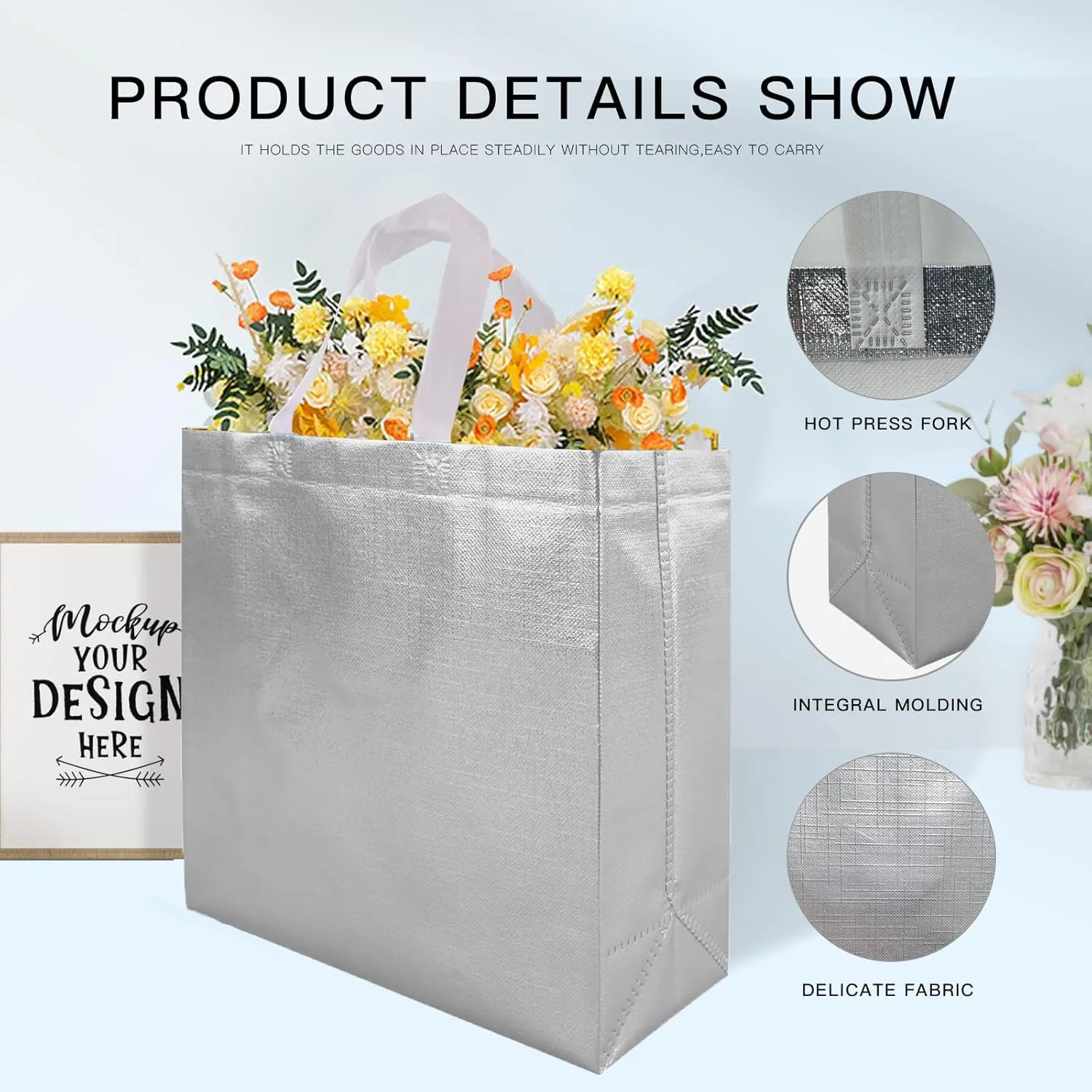 CHENGBAI TOTE Silver Reusable Gift Bags 15 Pcs, 12.2x4.72x11 in Glossy Gift Bag Bulk, Metallic Shimmer Design Gift Wrap Bags for Birthday, Weddings, Mother's Day, Christmas