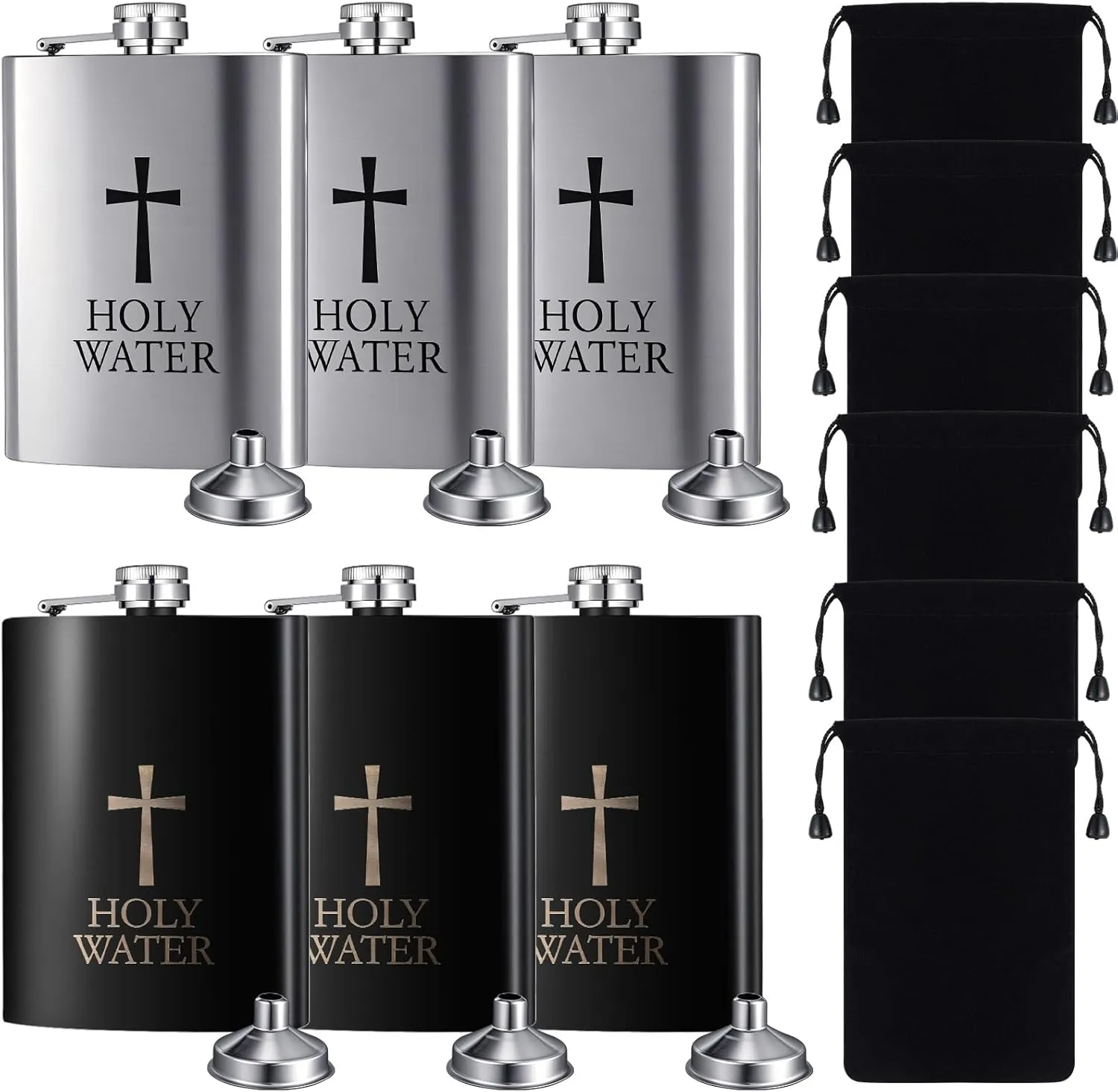 Chengu 6 Sets 8 oz Stainless Steel Holy Water Flask Leak Proof Pocket Hip Flask with Funnel and Velvet Bag Funny Holy Water Bottle Container Gift for Men Women Portable Catholic