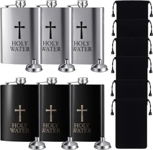 Chengu 6 Sets 8 oz Stainless Steel Holy Water Flask Leak Proof Pocket Hip Flask with Funnel and Velvet Bag Funny Holy Water Bottle Container Gift for Men Women Portable Catholic