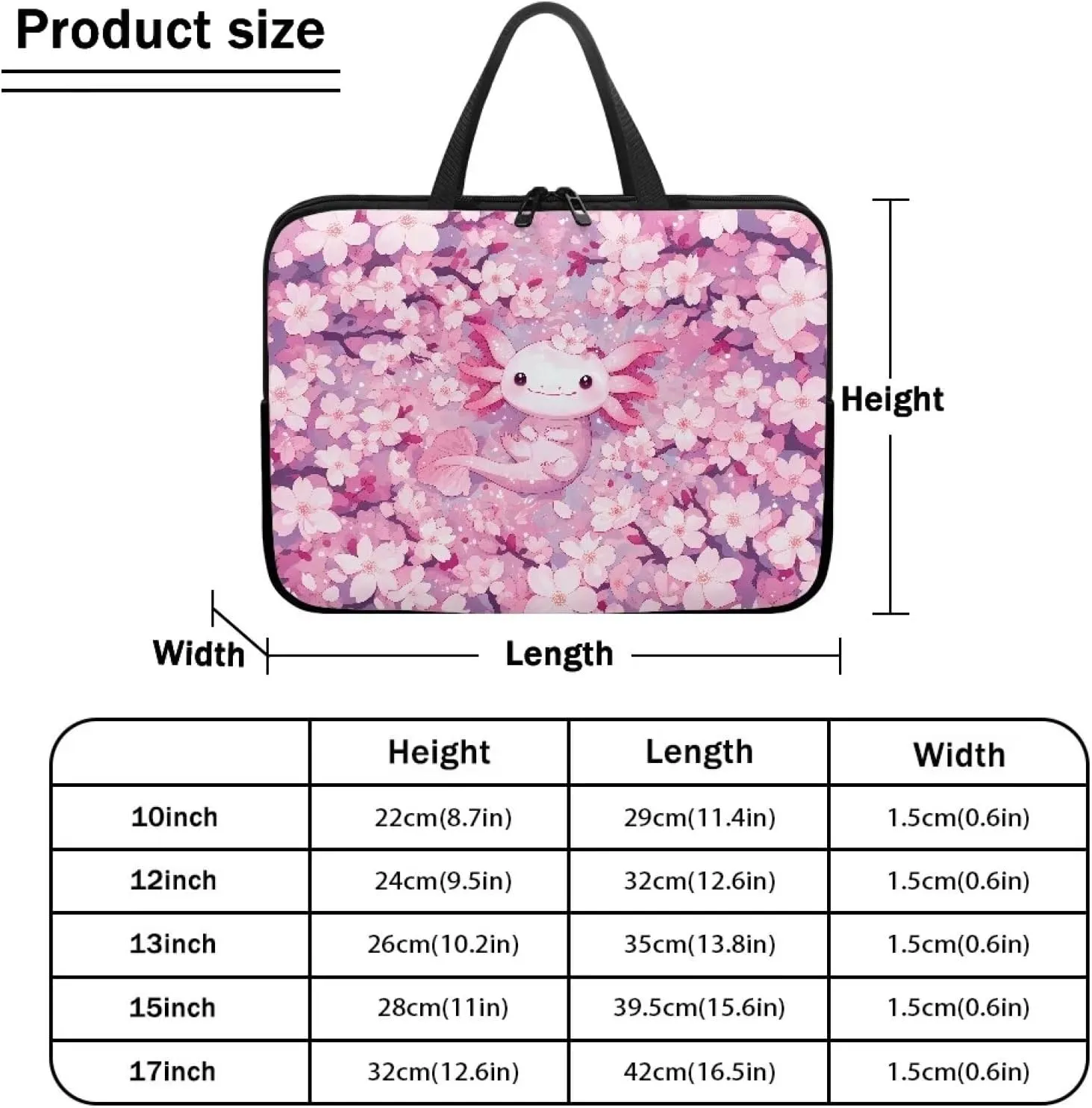 Cherry Blossom Axolotl Laptop Sleeve with Handle, Laptop Tote Bags Tablet Carrying Case Universal 15 Inch Notebook/Reader, Water-Repellent Fabric Zipper Handbag Briefcase