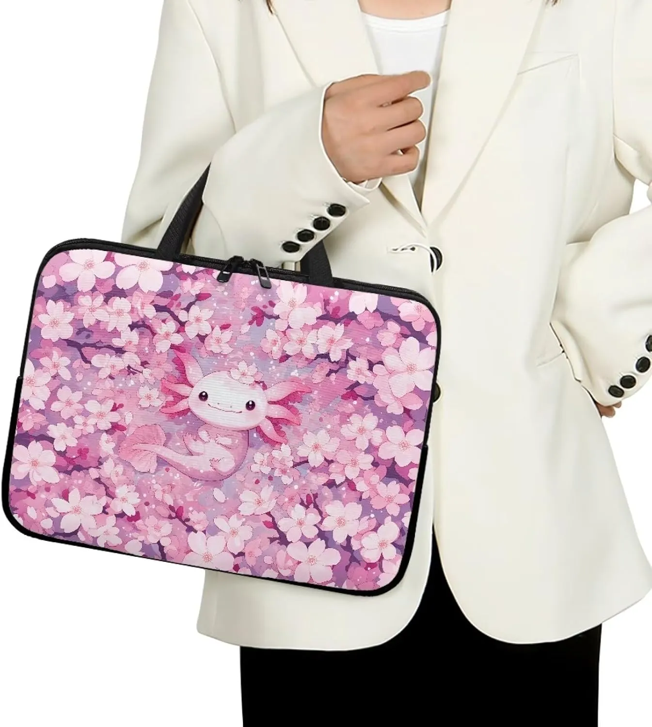 Cherry Blossom Axolotl Laptop Sleeve with Handle, Laptop Tote Bags Tablet Carrying Case Universal 15 Inch Notebook/Reader, Water-Repellent Fabric Zipper Handbag Briefcase
