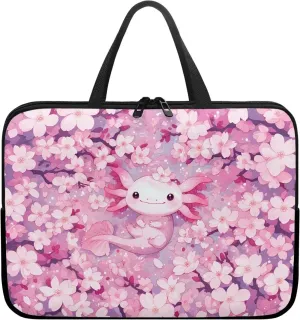 Cherry Blossom Axolotl Laptop Sleeve with Handle, Laptop Tote Bags Tablet Carrying Case Universal 15 Inch Notebook/Reader, Water-Repellent Fabric Zipper Handbag Briefcase