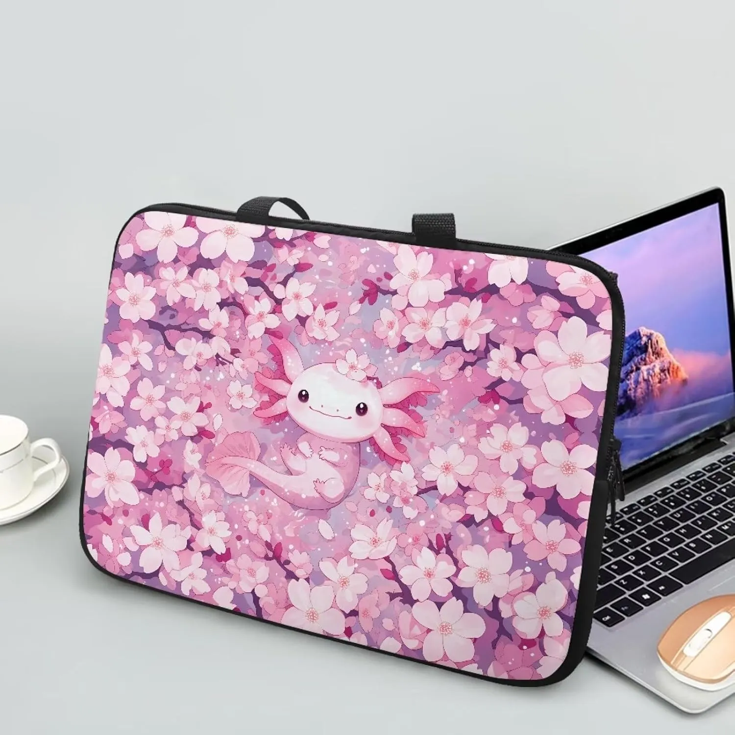 Cherry Blossom Axolotl Laptop Sleeve with Handle, Laptop Tote Bags Tablet Carrying Case Universal 15 Inch Notebook/Reader, Water-Repellent Fabric Zipper Handbag Briefcase