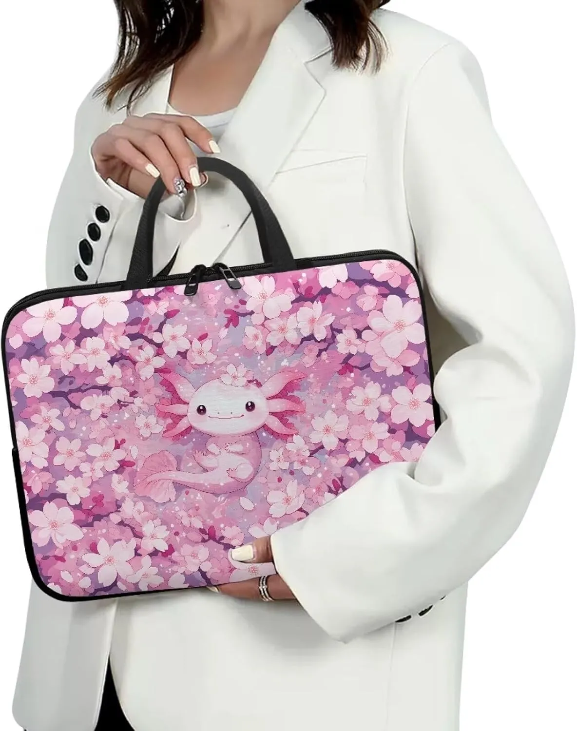 Cherry Blossom Axolotl Laptop Sleeve with Handle, Laptop Tote Bags Tablet Carrying Case Universal 15 Inch Notebook/Reader, Water-Repellent Fabric Zipper Handbag Briefcase