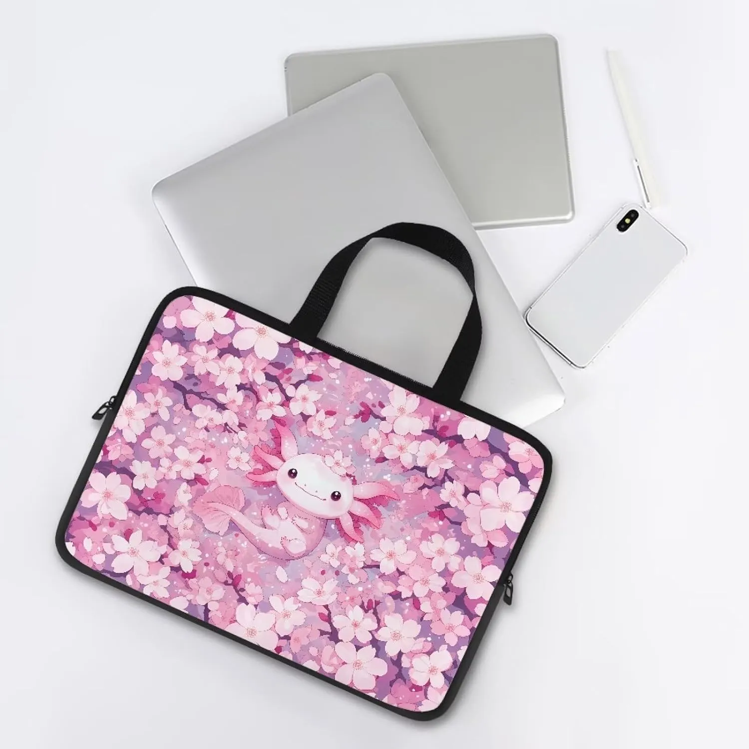 Cherry Blossom Axolotl Laptop Sleeve with Handle, Laptop Tote Bags Tablet Carrying Case Universal 15 Inch Notebook/Reader, Water-Repellent Fabric Zipper Handbag Briefcase