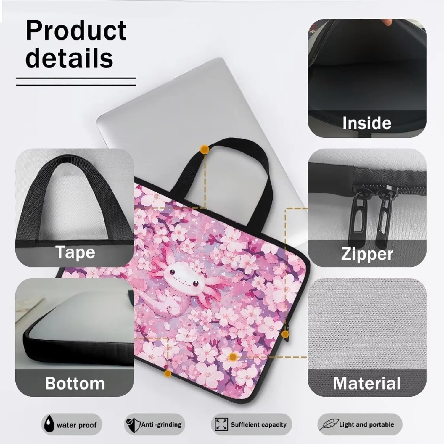 Cherry Blossom Axolotl Laptop Sleeve with Handle, Laptop Tote Bags Tablet Carrying Case Universal 15 Inch Notebook/Reader, Water-Repellent Fabric Zipper Handbag Briefcase