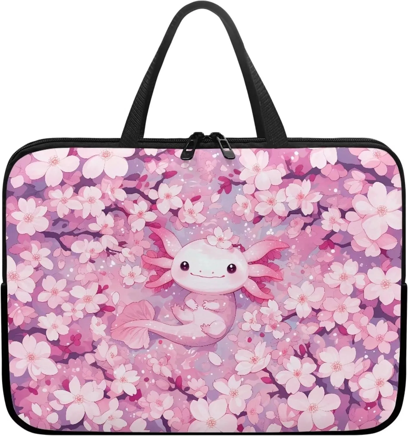 Cherry Blossom Axolotl Laptop Sleeve with Handle, Laptop Tote Bags Tablet Carrying Case Universal 15 Inch Notebook/Reader, Water-Repellent Fabric Zipper Handbag Briefcase