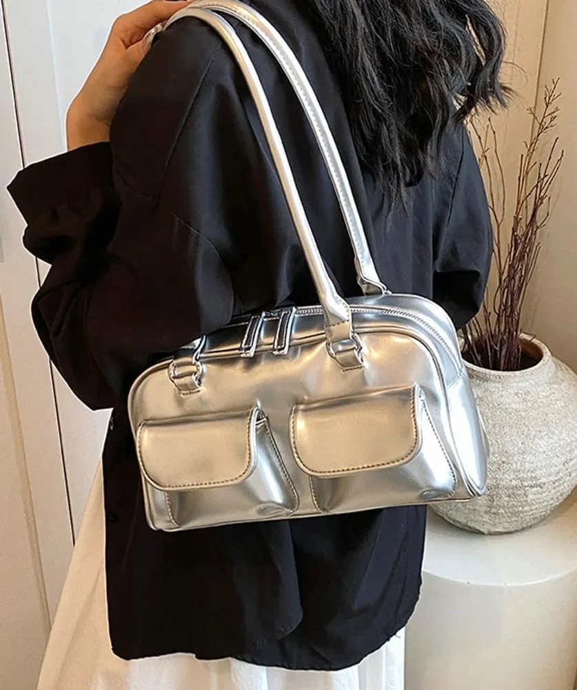 Chic Shoulder Bag for Women Glossy PU Leather Purses Fashion Small Tote Handbag Y2k Top Handle Satchel