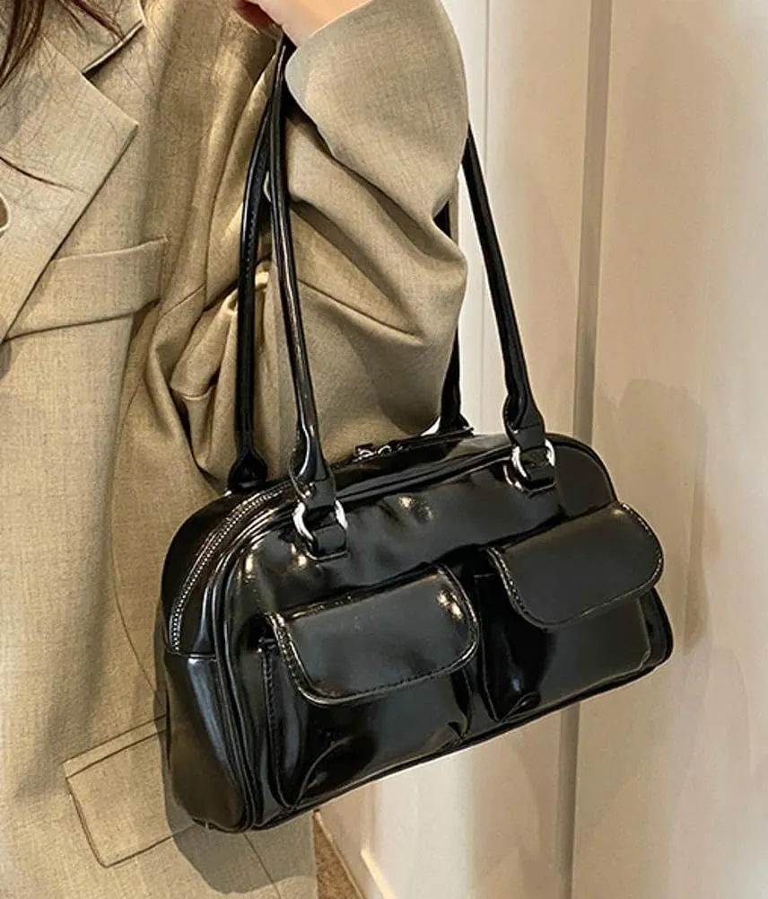 Chic Shoulder Bag for Women Glossy PU Leather Purses Fashion Small Tote Handbag Y2k Top Handle Satchel
