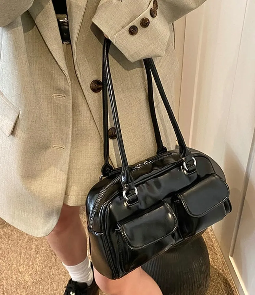 Chic Shoulder Bag for Women Glossy PU Leather Purses Fashion Small Tote Handbag Y2k Top Handle Satchel