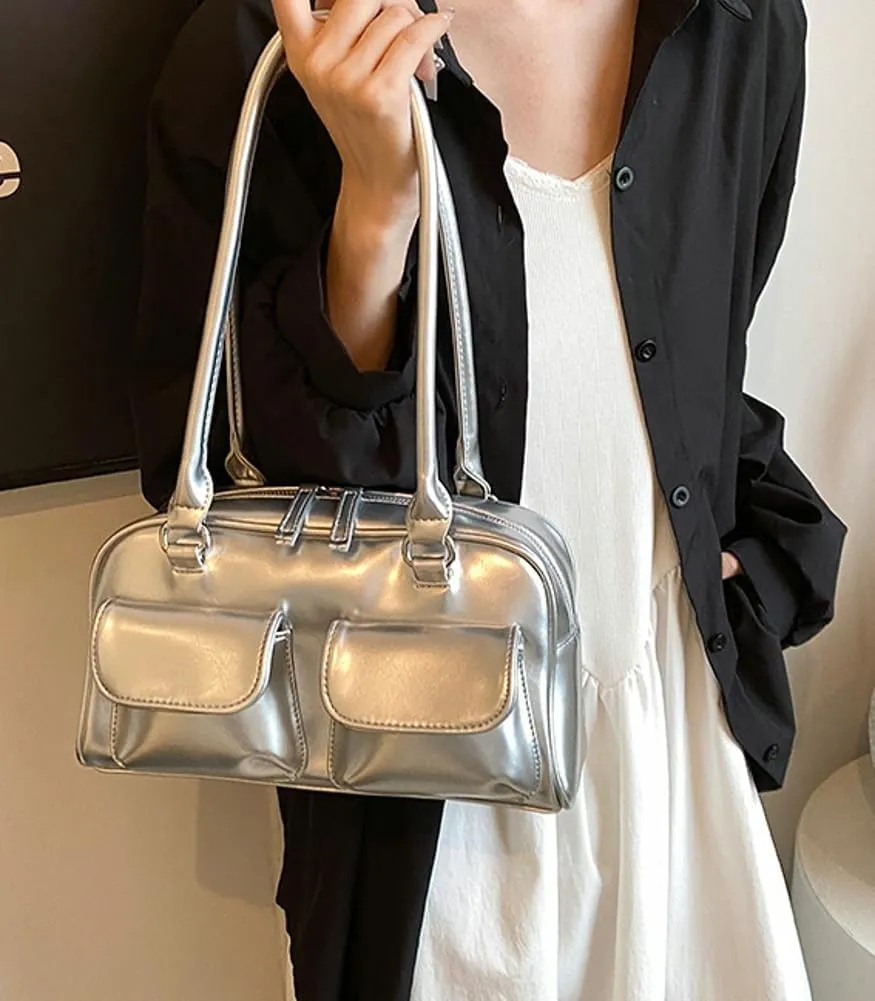 Chic Shoulder Bag for Women Glossy PU Leather Purses Fashion Small Tote Handbag Y2k Top Handle Satchel
