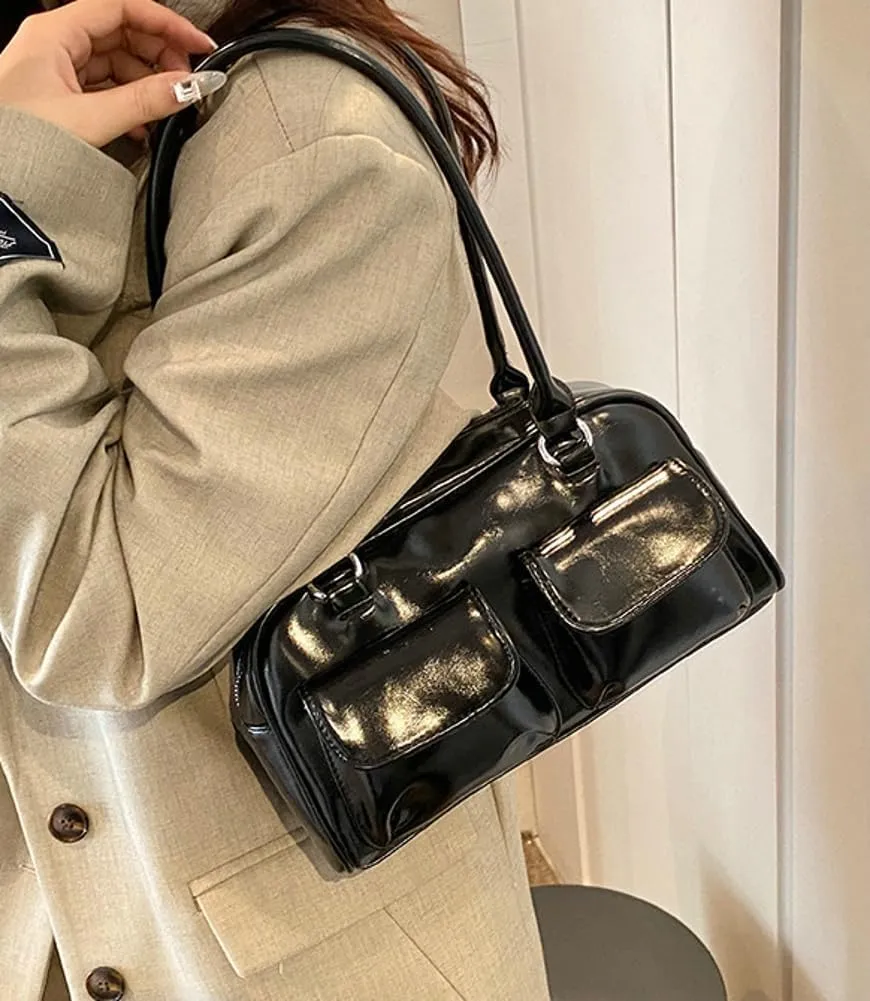 Chic Shoulder Bag for Women Glossy PU Leather Purses Fashion Small Tote Handbag Y2k Top Handle Satchel