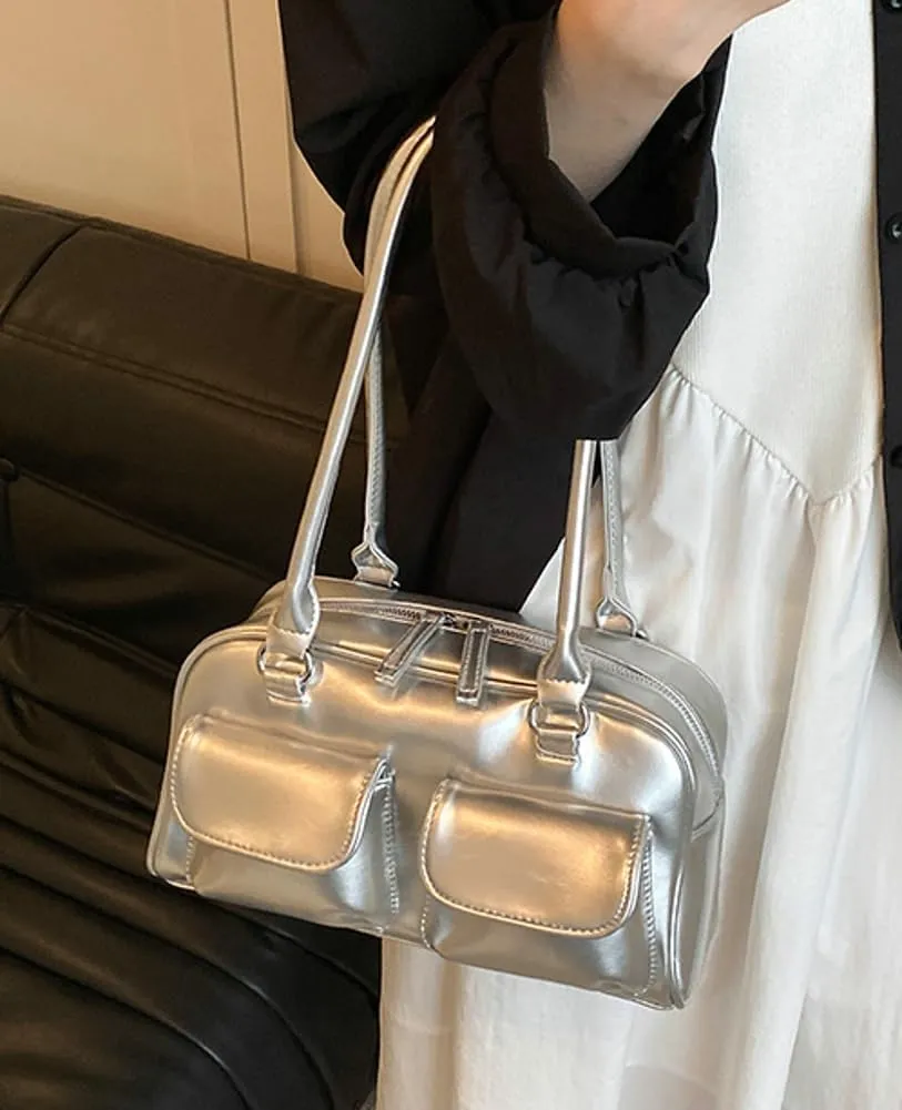 Chic Shoulder Bag for Women Glossy PU Leather Purses Fashion Small Tote Handbag Y2k Top Handle Satchel