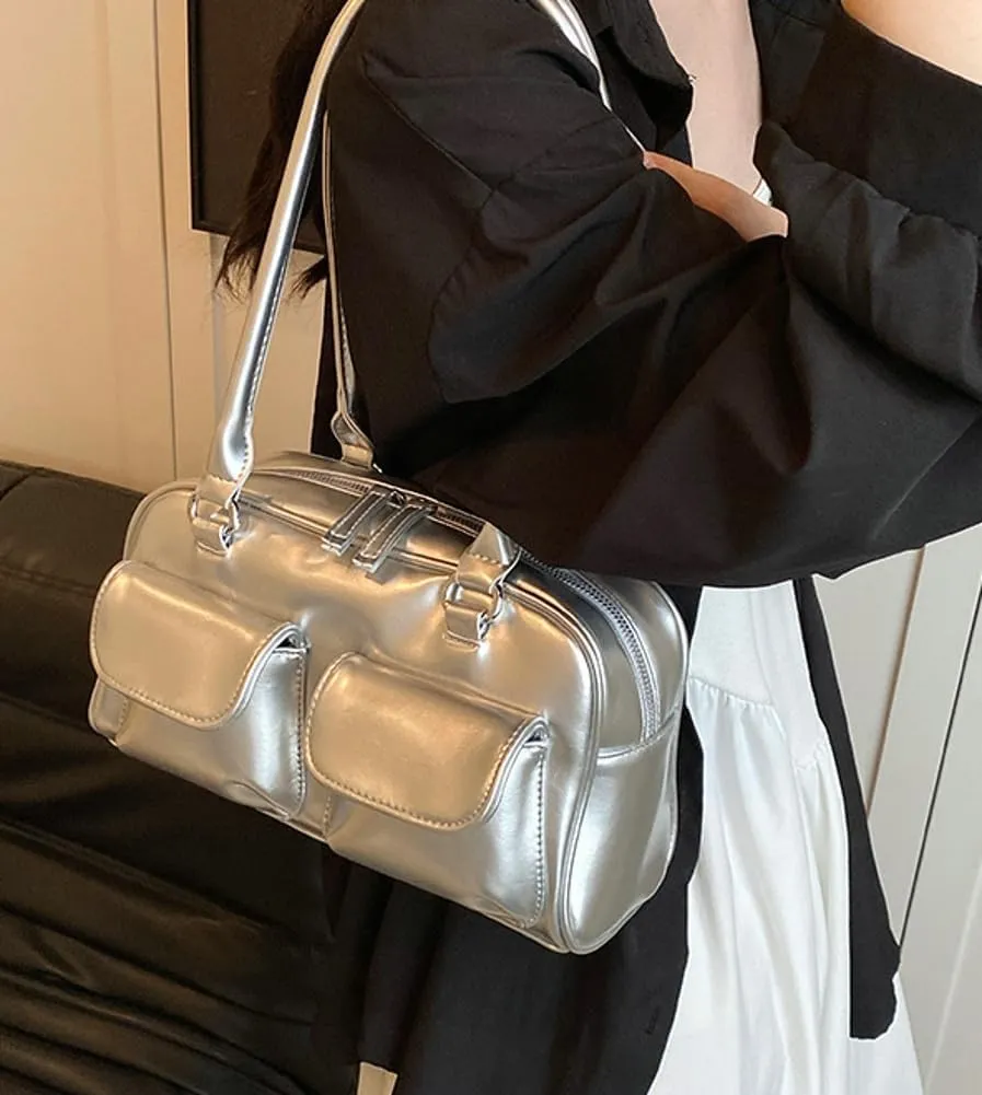 Chic Shoulder Bag for Women Glossy PU Leather Purses Fashion Small Tote Handbag Y2k Top Handle Satchel