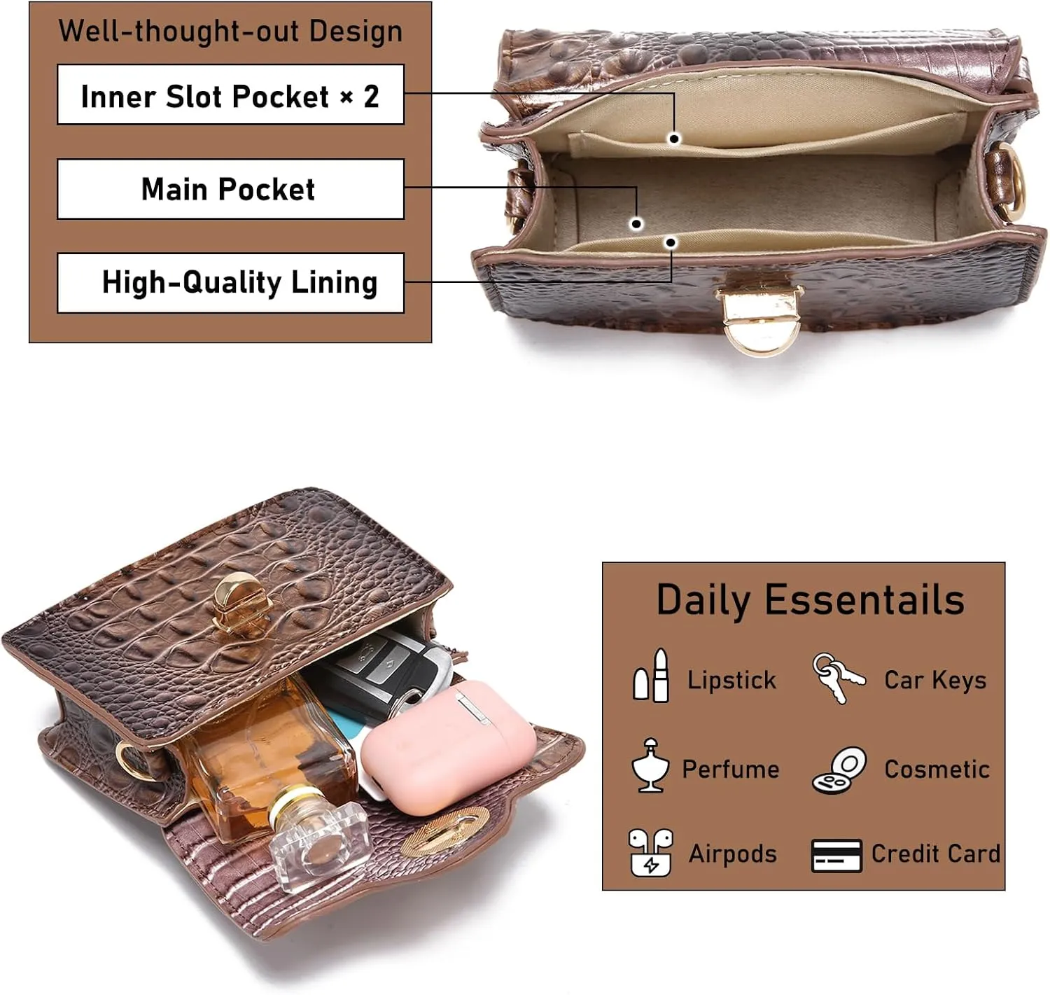 Chic Women Crocodile Leather bags Mini Top-Handle Clutch Compact Evening Bag Stylish Accessory for Essentials