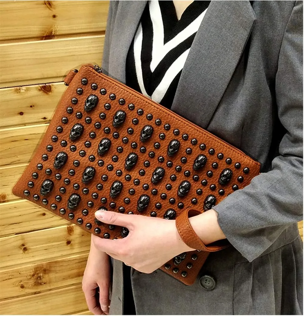 Chikencall Women Gothic Skull Rivet Clutch Purse Studded Shoulder Cross-Body Bag