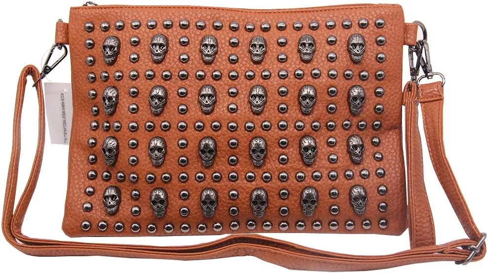 Chikencall Women Gothic Skull Rivet Clutch Purse Studded Shoulder Cross-Body Bag