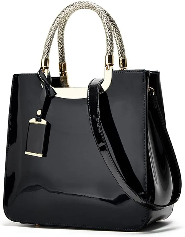 Chikencall Women Patent Leather Tote Glossy Top Handle Purse Work Handbag Shooer Wedding Shoulder Satchel with Pendant