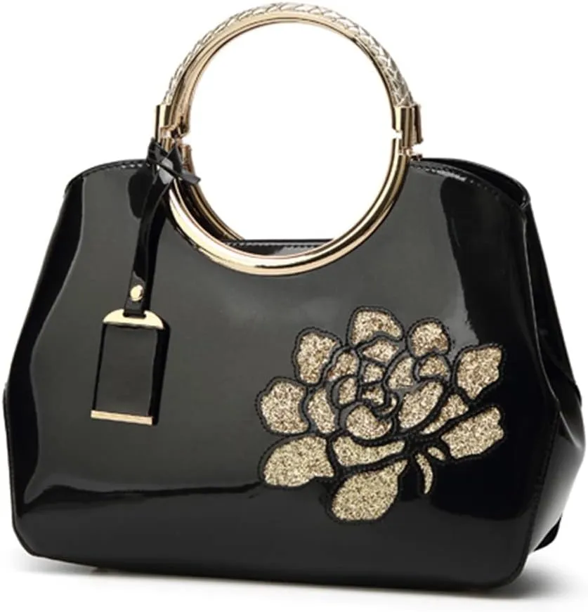 Chikencall Women Tote Handbag Glossy Patent Leather Shoulder Bag Evening Party Purse Wedding Satchel with Flower Print
