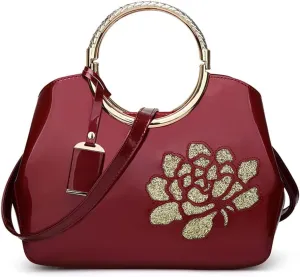 Chikencall Women Tote Handbag Glossy Patent Leather Shoulder Bag Evening Party Purse Wedding Satchel with Flower Print