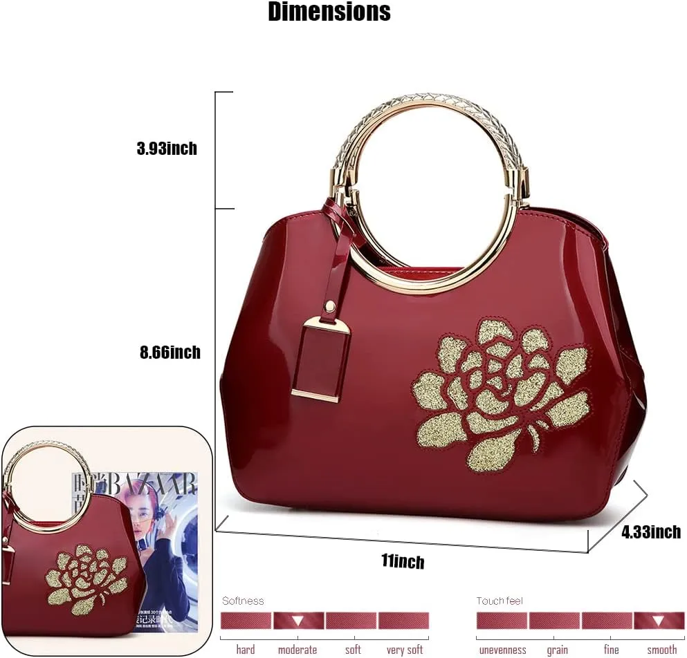 Chikencall Women Tote Handbag Glossy Patent Leather Shoulder Bag Evening Party Purse Wedding Satchel with Flower Print