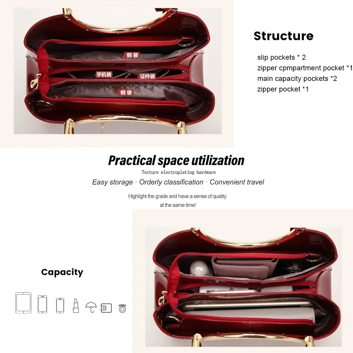Chikencall Women Tote Handbag Glossy Patent Leather Shoulder Bag Evening Party Purse Wedding Satchel with Flower Print