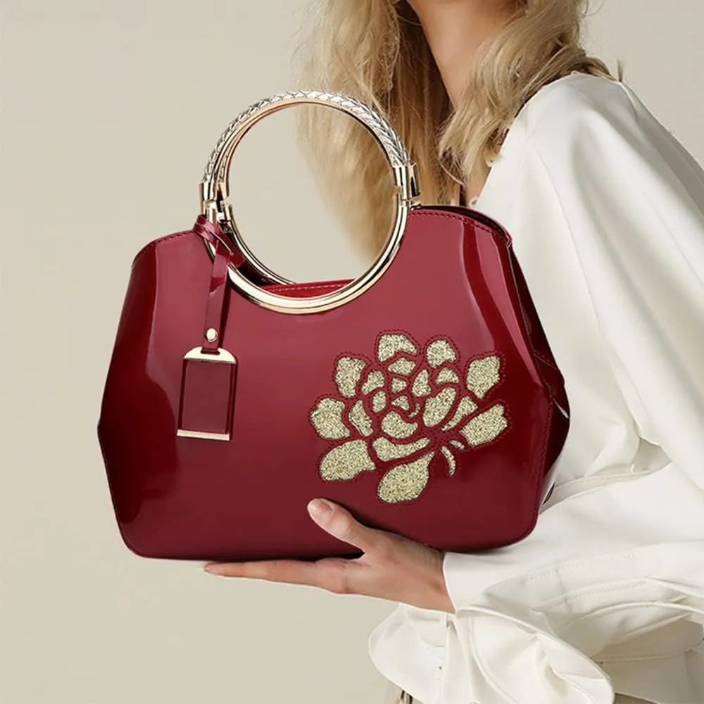 Chikencall Women Tote Handbag Glossy Patent Leather Shoulder Bag Evening Party Purse Wedding Satchel with Flower Print