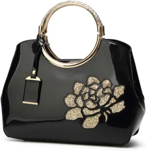Chikencall Women Tote Handbag Glossy Patent Leather Shoulder Bag Evening Party Purse Wedding Satchel with Flower Print