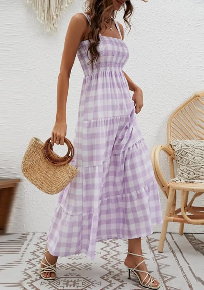 chouyatou Women's Summer Casual Plaid Smocked Dress Spaghetti Strap Tiered Flowy Maxi Dress