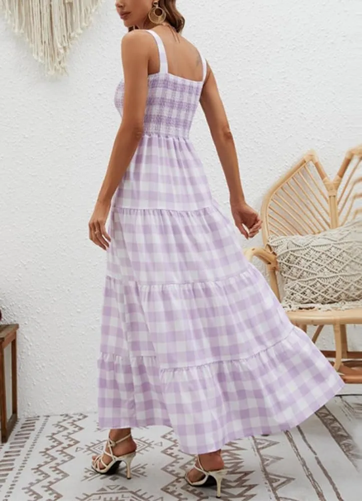 chouyatou Women's Summer Casual Plaid Smocked Dress Spaghetti Strap Tiered Flowy Maxi Dress