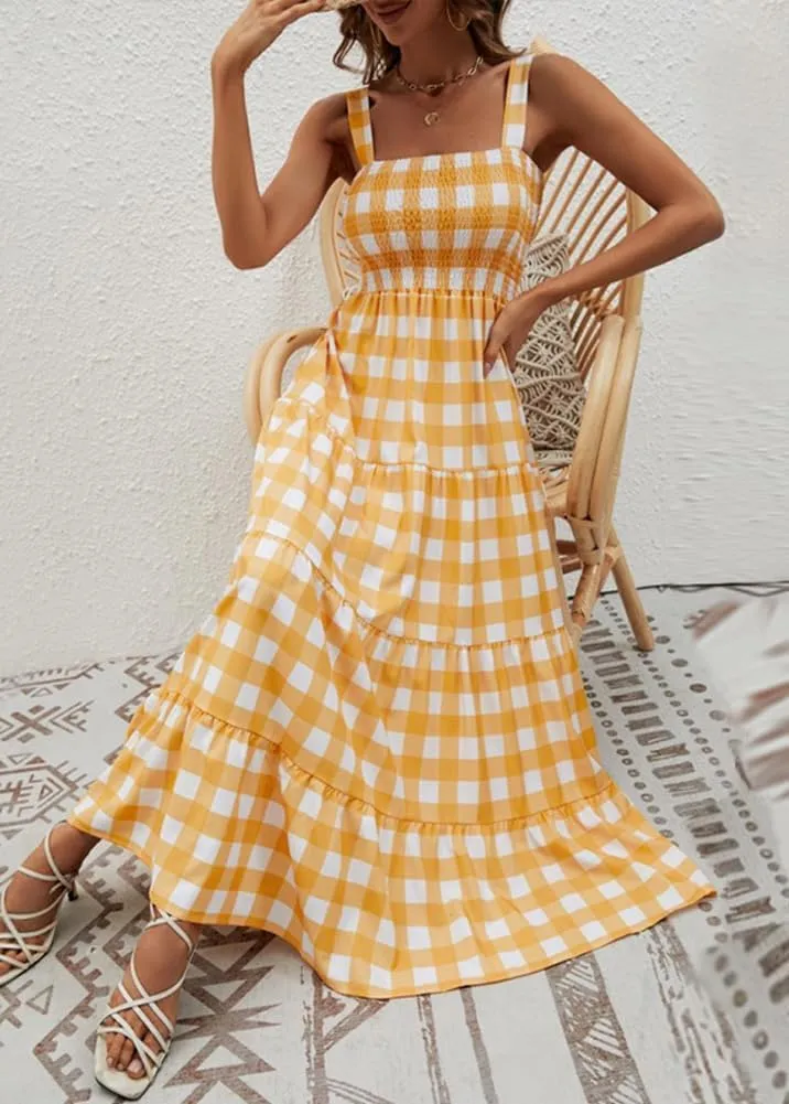 chouyatou Women's Summer Casual Plaid Smocked Dress Spaghetti Strap Tiered Flowy Maxi Dress