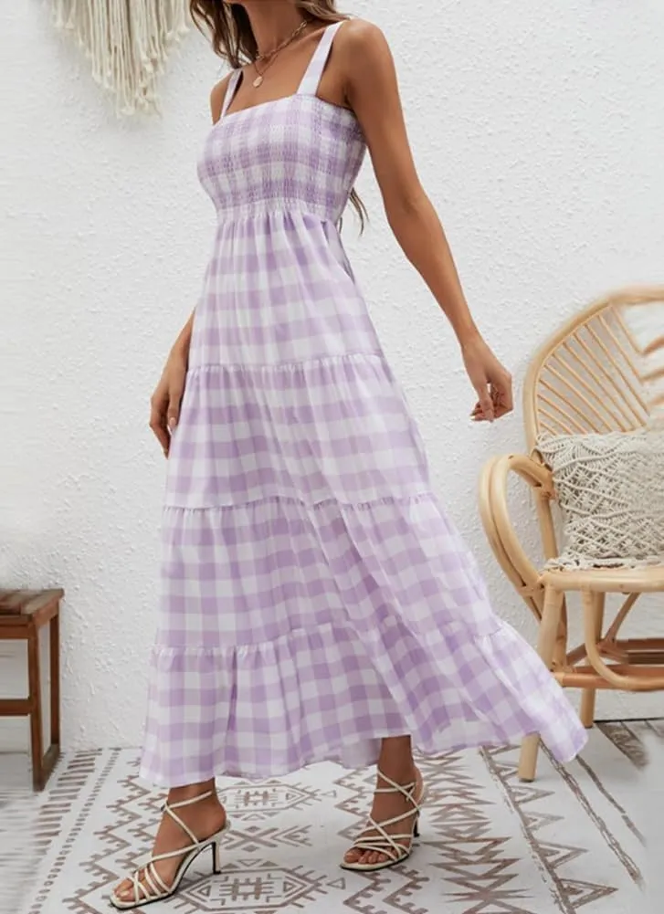 chouyatou Women's Summer Casual Plaid Smocked Dress Spaghetti Strap Tiered Flowy Maxi Dress
