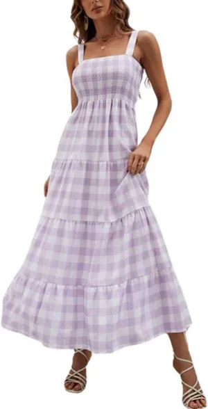 chouyatou Women's Summer Casual Plaid Smocked Dress Spaghetti Strap Tiered Flowy Maxi Dress