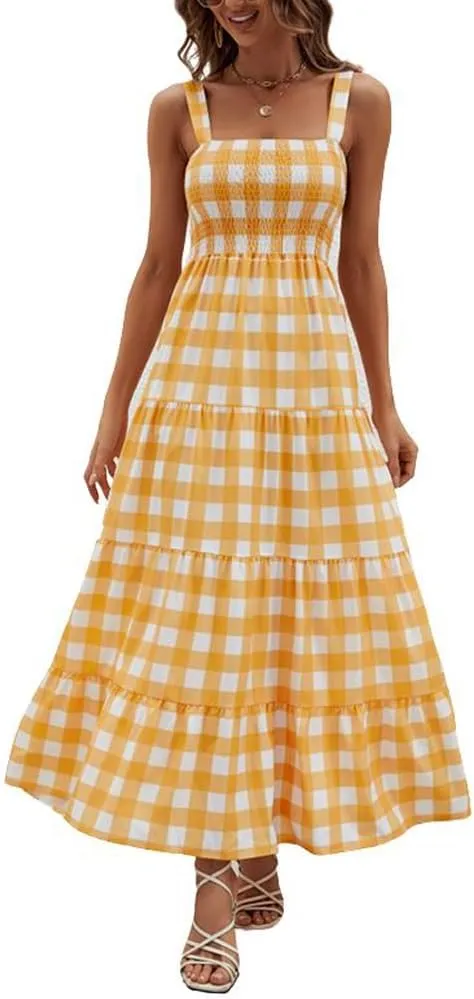 chouyatou Women's Summer Casual Plaid Smocked Dress Spaghetti Strap Tiered Flowy Maxi Dress