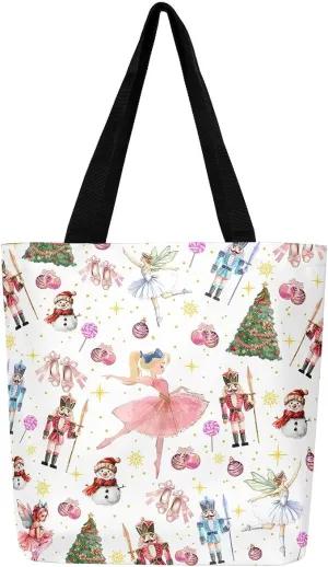 Christmas Canvas Tote Bag for Women,Winter Snowman Snowflake Nutcracker Ballet Gingerbread Tote Bag Xmas Gifts