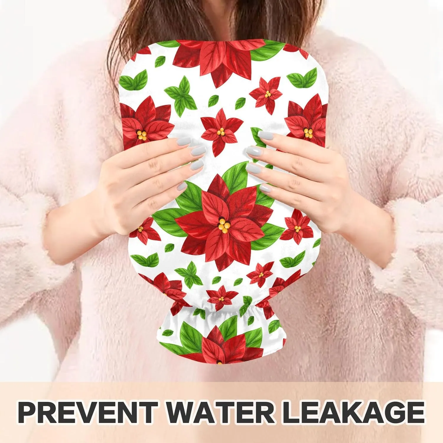 Christmas Flowers White Hot Water Bottle with Soft Cover, 2 Liters Hot Water Bag for Menstrual Cramps, Neck and Shoulder Pain Relief, Hot and Cold Compress