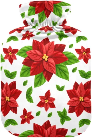 Christmas Flowers White Hot Water Bottle with Soft Cover, 2 Liters Hot Water Bag for Menstrual Cramps, Neck and Shoulder Pain Relief, Hot and Cold Compress