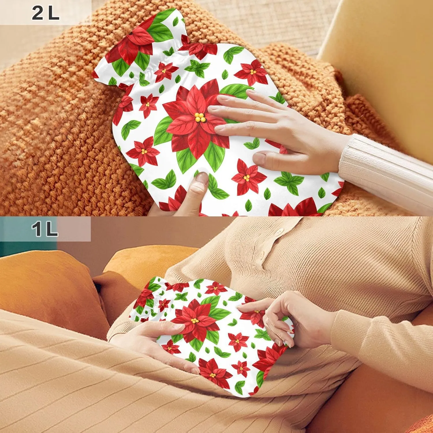 Christmas Flowers White Hot Water Bottle with Soft Cover, 2 Liters Hot Water Bag for Menstrual Cramps, Neck and Shoulder Pain Relief, Hot and Cold Compress