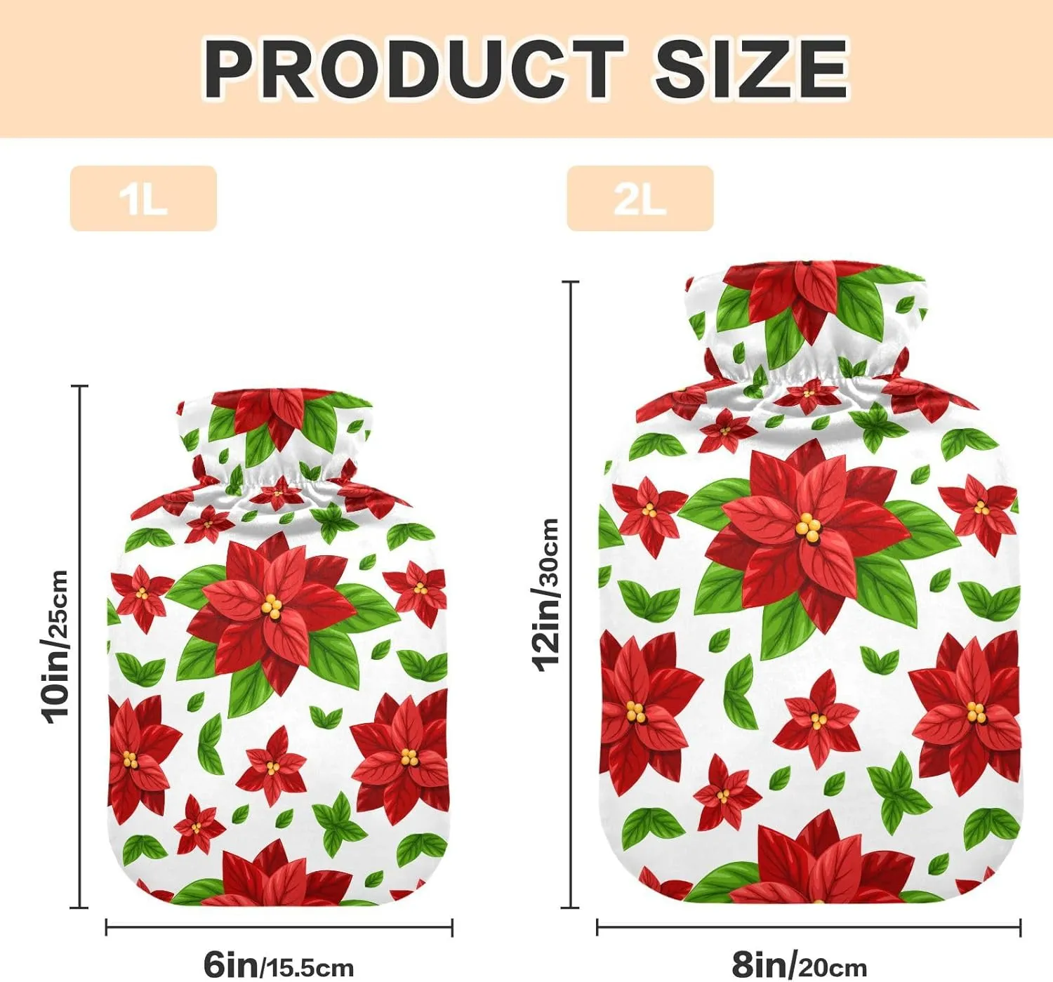 Christmas Flowers White Hot Water Bottle with Soft Cover, 2 Liters Hot Water Bag for Menstrual Cramps, Neck and Shoulder Pain Relief, Hot and Cold Compress