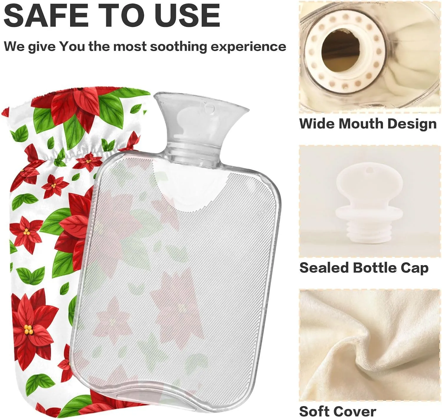 Christmas Flowers White Hot Water Bottle with Soft Cover, 2 Liters Hot Water Bag for Menstrual Cramps, Neck and Shoulder Pain Relief, Hot and Cold Compress