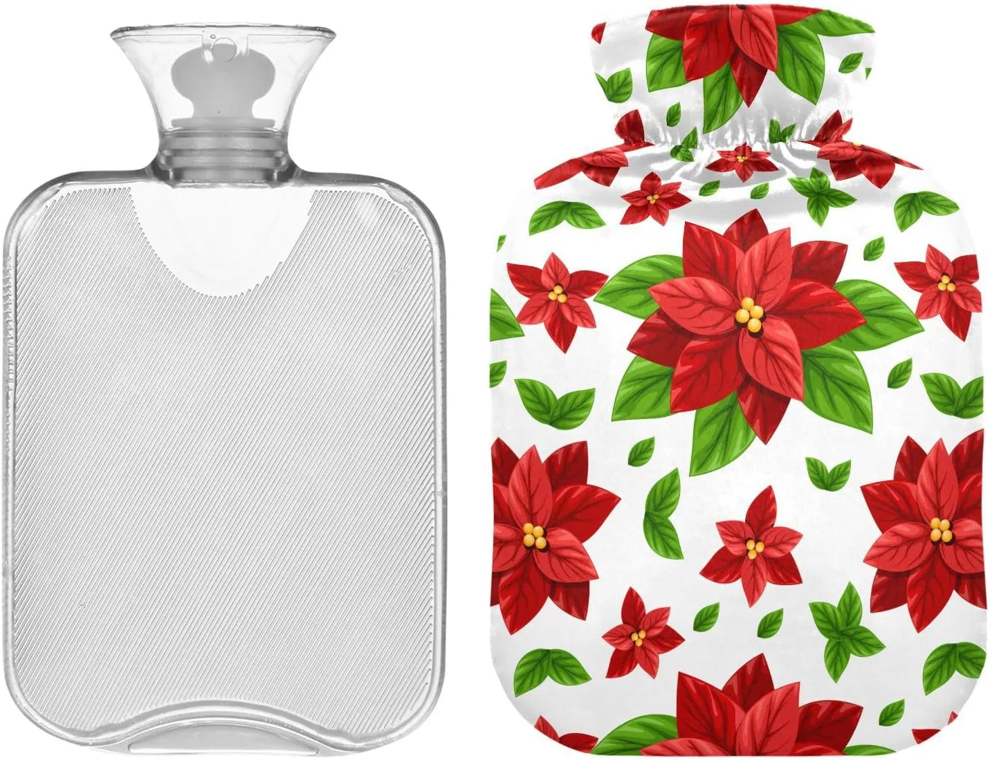 Christmas Flowers White Hot Water Bottle with Soft Cover, 2 Liters Hot Water Bag for Menstrual Cramps, Neck and Shoulder Pain Relief, Hot and Cold Compress