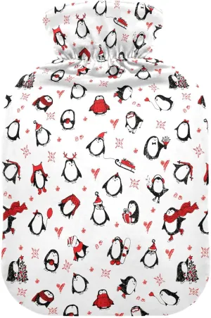 Christmas Penguins White Red Hot Water Bottle with Cover 1L Winter Hot Water Bag Warm Water Bag for Neck, Shoulders and Legs Pain Relief, Menstrual Cramps