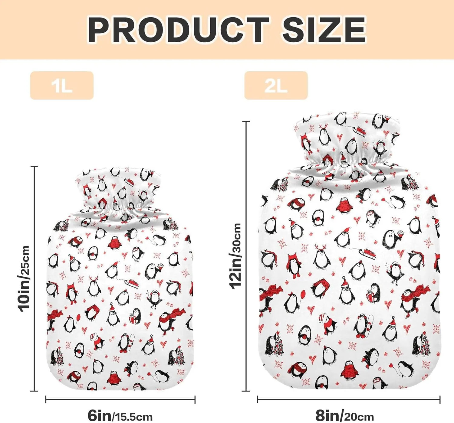 Christmas Penguins White Red Hot Water Bottle with Cover 1L Winter Hot Water Bag Warm Water Bag for Neck, Shoulders and Legs Pain Relief, Menstrual Cramps